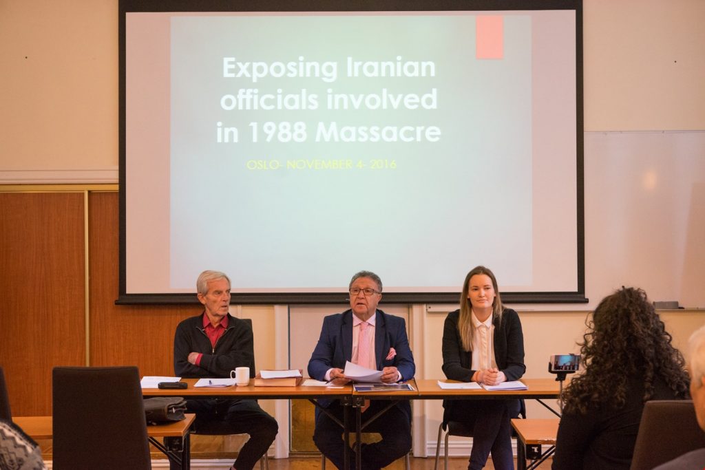 Ambassador Perviz Khazai of the NCRI addressing a press conference in Oslo, Norway, on 4 November 2016 about the 1988 massacre in Iran alongside Ingvald Godal, former member of the Foreign and Defence Committee of the Norwegian Parliament, and Julie E. Kroepelien, a Norwegian lawyer.