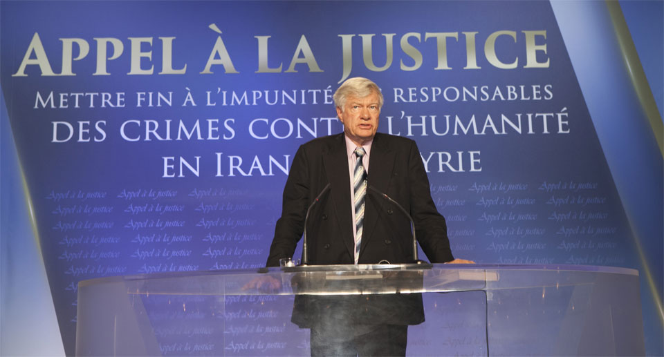 Geoffrey Robertson QC Call for Justice Iran Massacre 1988, Ending Impunity for Perpetrators of Crimes Against Humanity in Iran and Syria on 26 November 2016 in Paris Mutualité conference centre