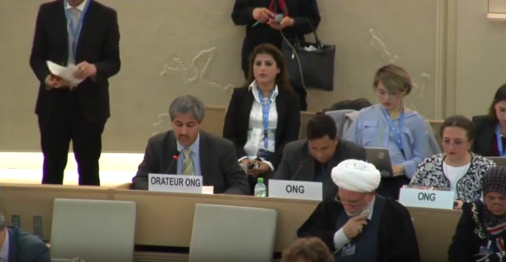 French NGO "Fondation Danielle Mitterrand – France Libertés" addresses the UN Human Rights Council's 34th session in Geneva on 10 March 2017 about Iran’s 1988 massacre of political prisoners.